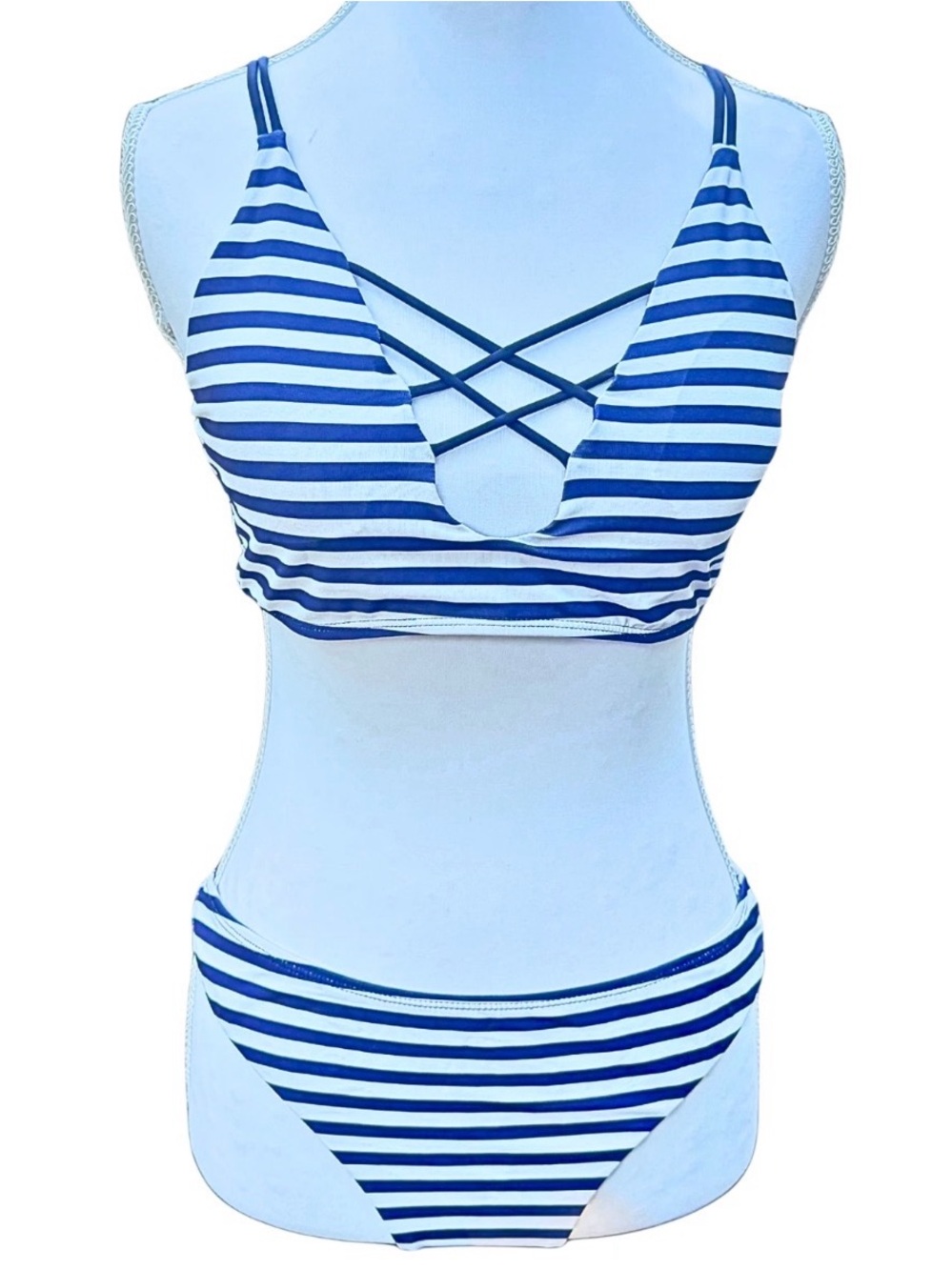Cupshe Bikini Blue White Striped Women’s Size L Criss Cross Two Piece Swimsuit